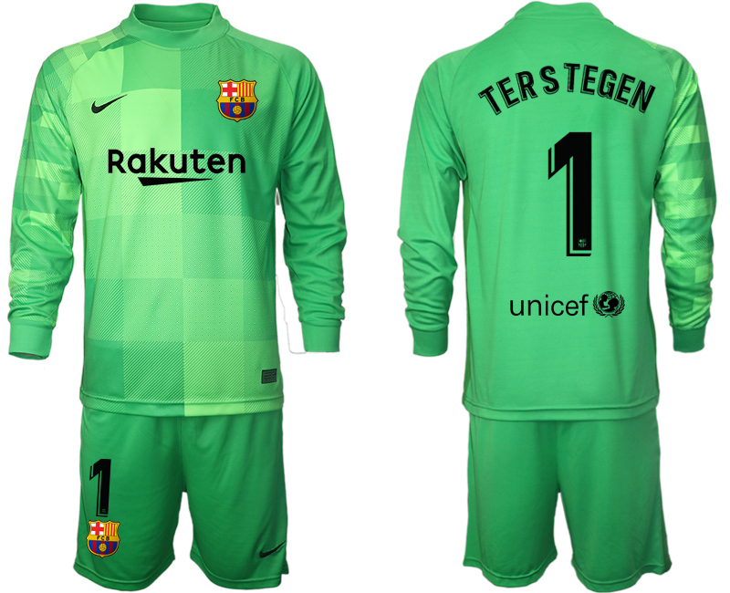 Men 2021-2022 Club Barcelona green goalkeeper Long Sleeve #1 Soccer Jersey->barcelona jersey->Soccer Club Jersey